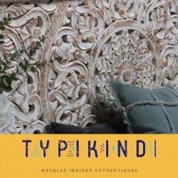 Meubles Typikindi - 1 - Logo Typikindi - Tête De Lit En Bois Ciselé Patiné Blanc - 